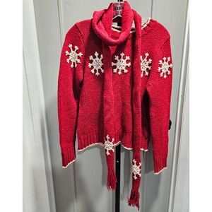Vanity Womens M Red Snowflake Wool Blend Sweater Scarf Set Christmas Cottagecore